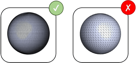 STL resolution comparison, a smooth high-resolution sphere versus a faceted low-resolution sphere