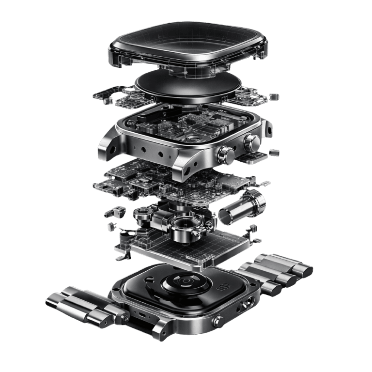 Exploded view of a smartwatch built with metal additive manufacturing
